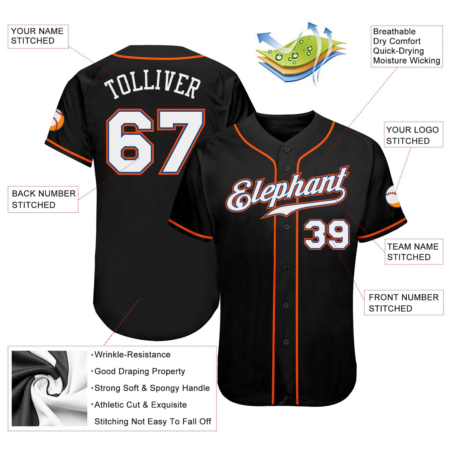 Custom Black White-Orange Authentic Baseball Jersey view 3