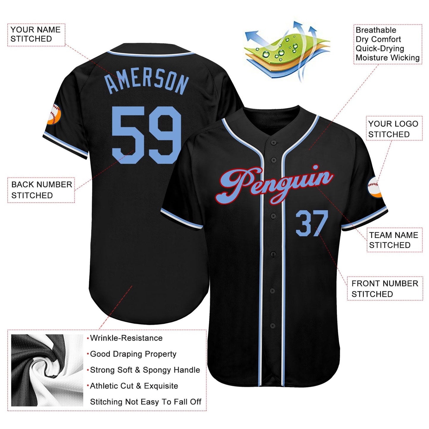 Custom Black Light Blue-Red Authentic Baseball Jersey view 3