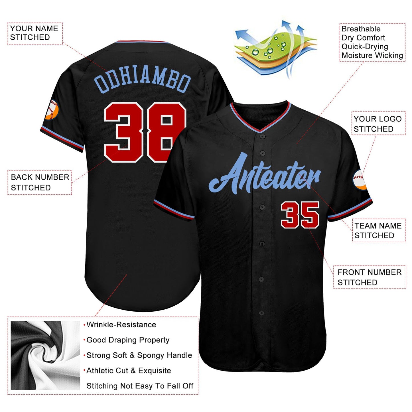 Custom Black Red-Light Blue Authentic Baseball Jersey view 3