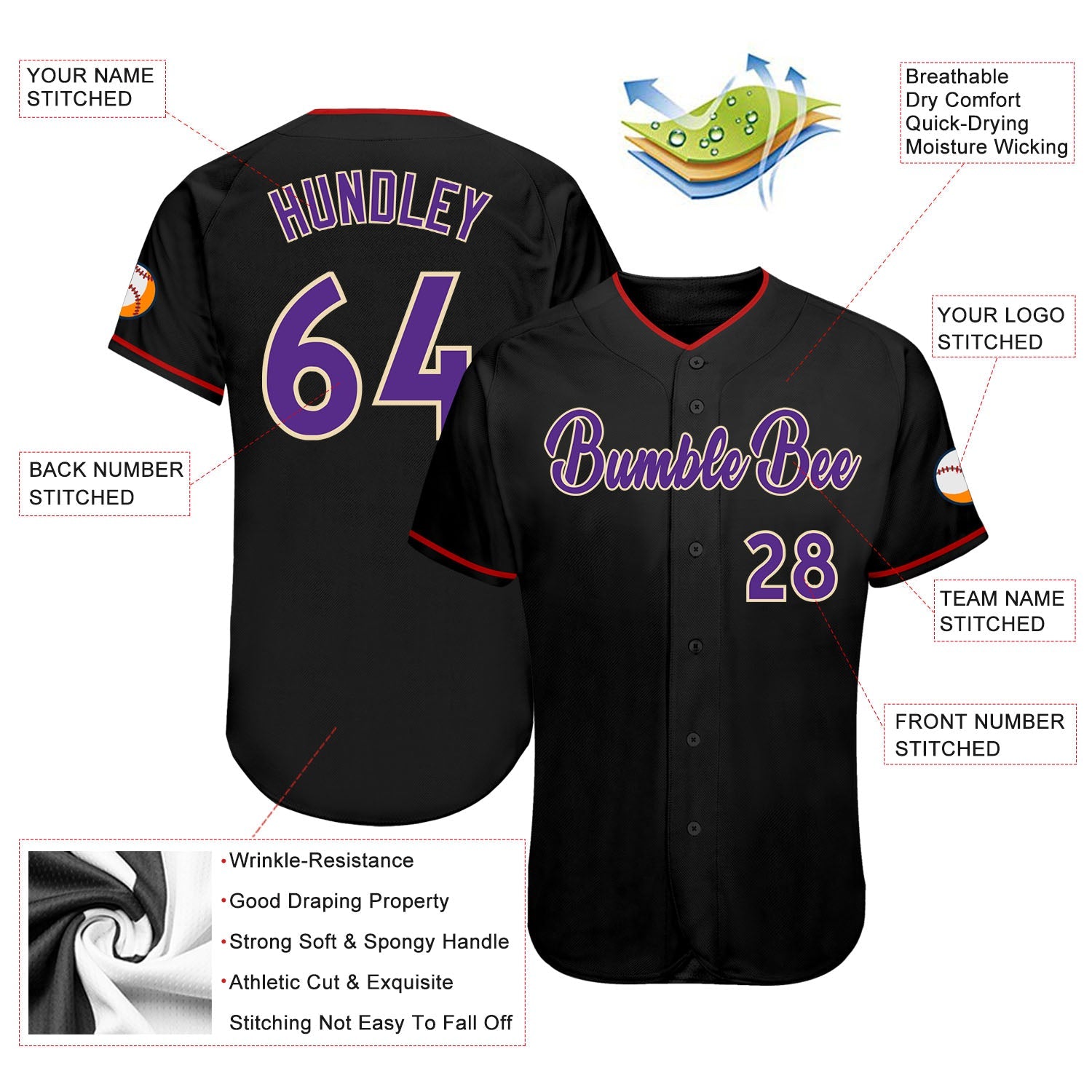 Custom Black Purple-Cream Authentic Baseball Jersey view 3