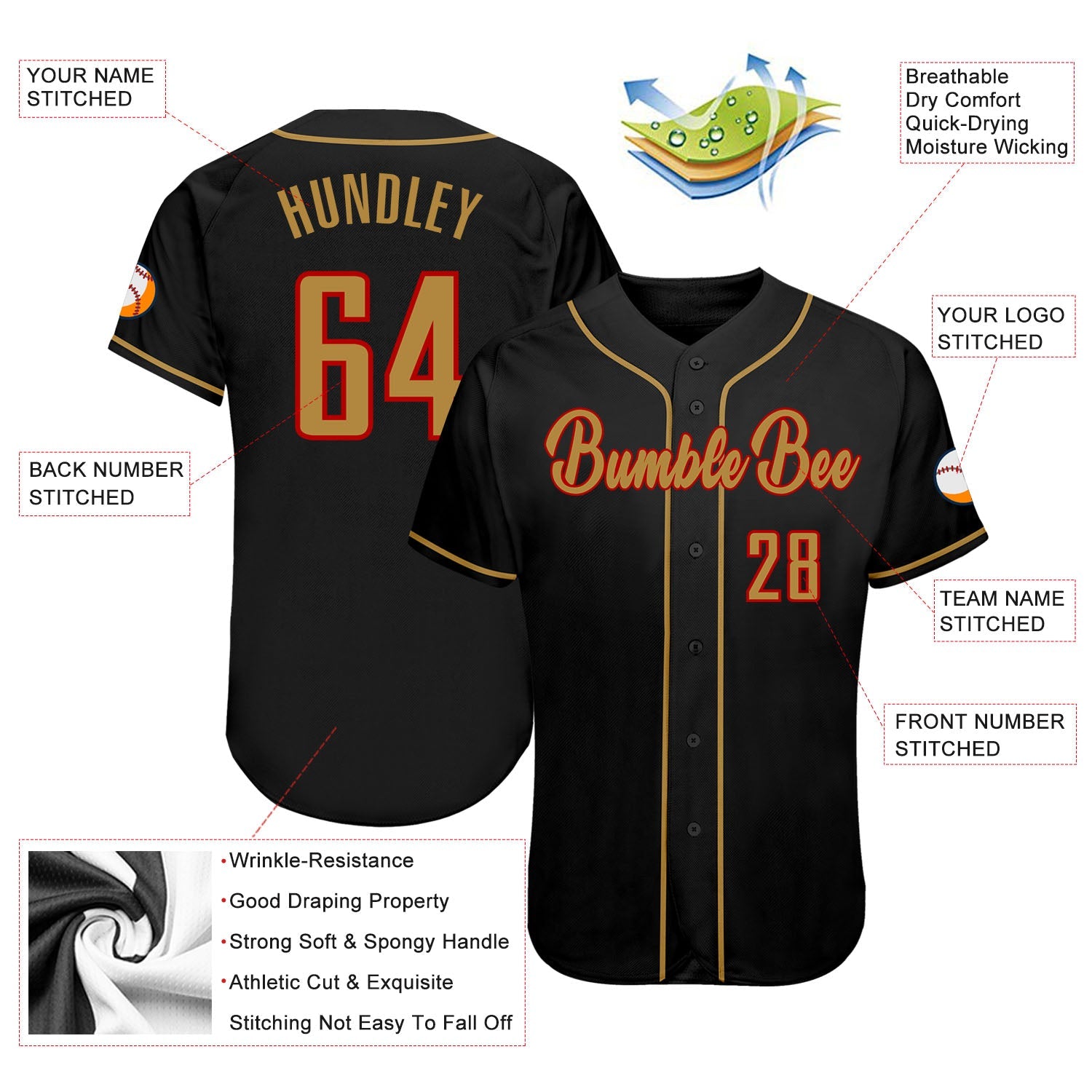 Custom Black Old Gold-Red Authentic Baseball Jersey view 3