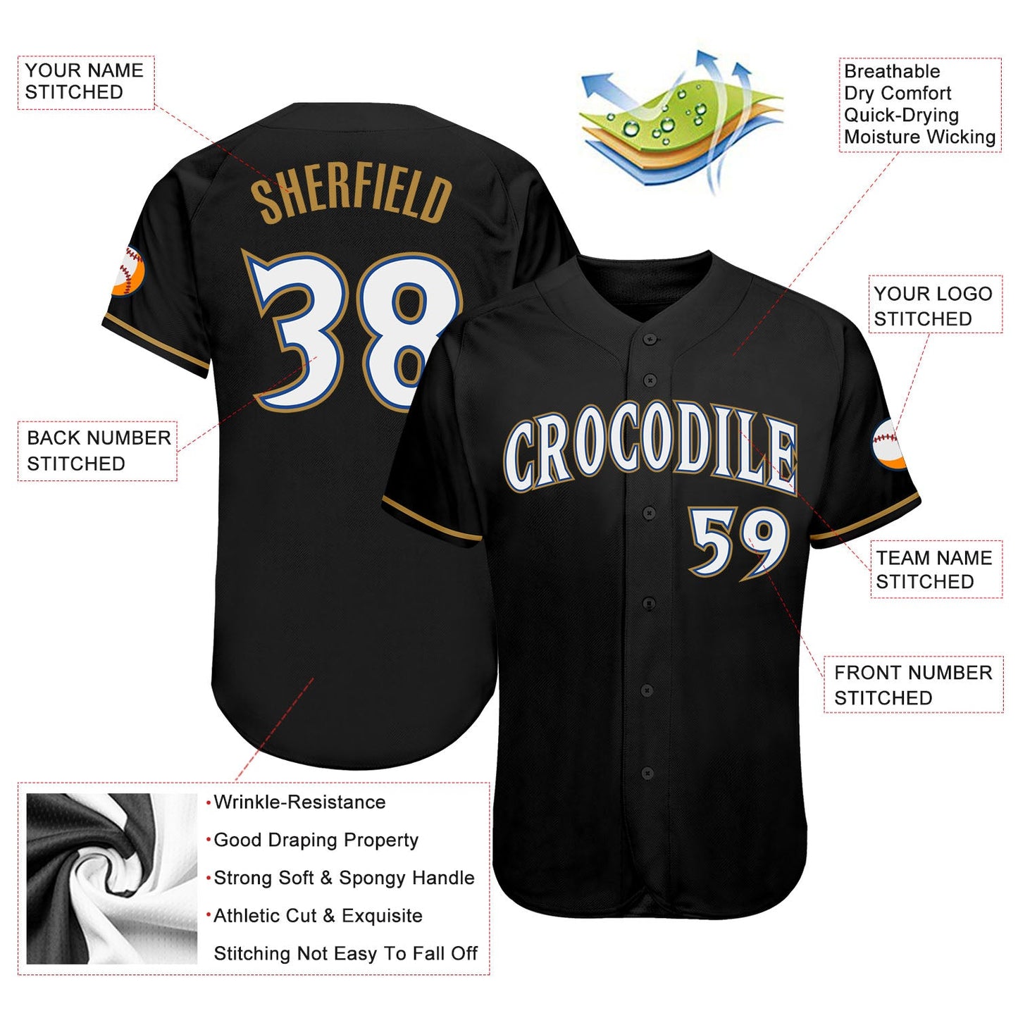 Custom Black White Old Gold-Royal Authentic Baseball Jersey view 3