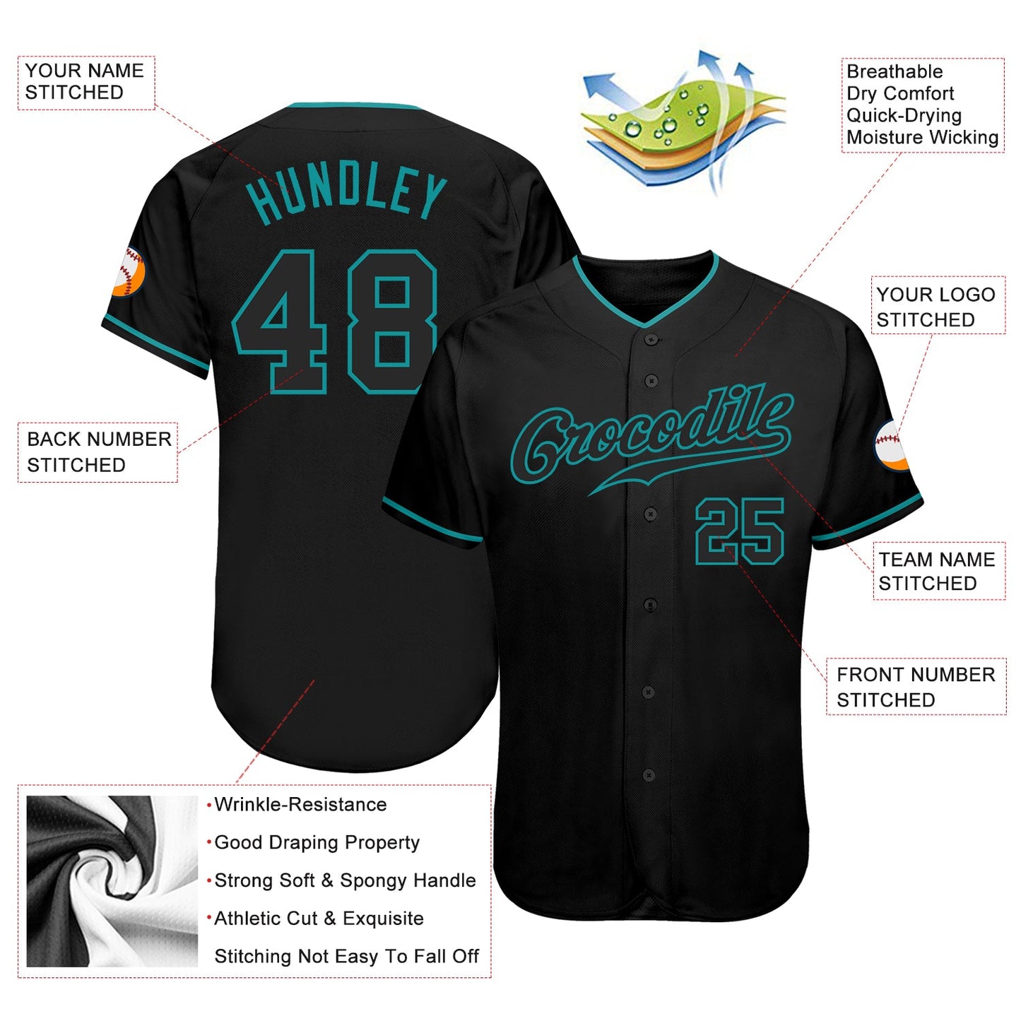 Custom Black Black-Teal Authentic Baseball Jersey view 3