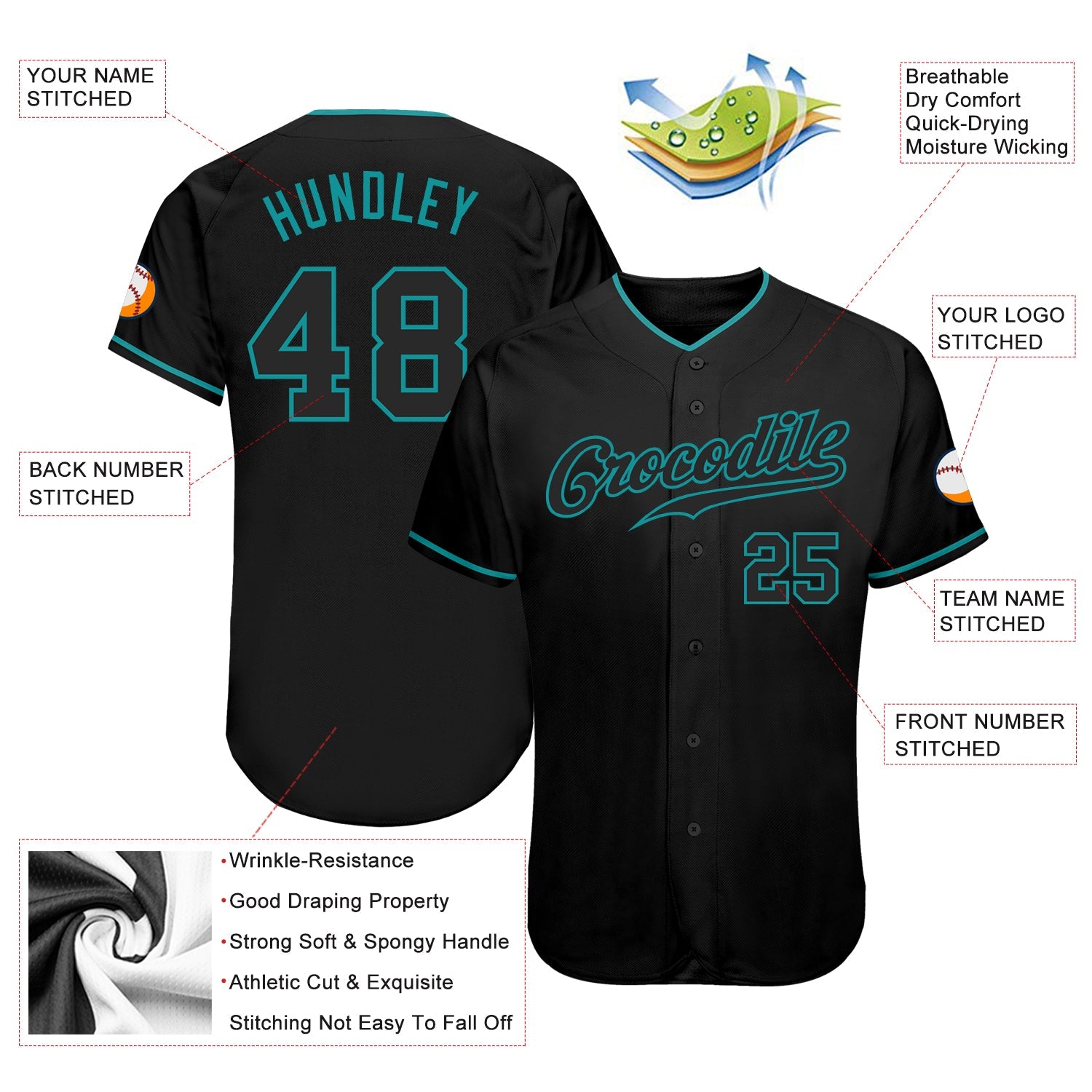 Custom Black Black-Teal Authentic Baseball Jersey view 3