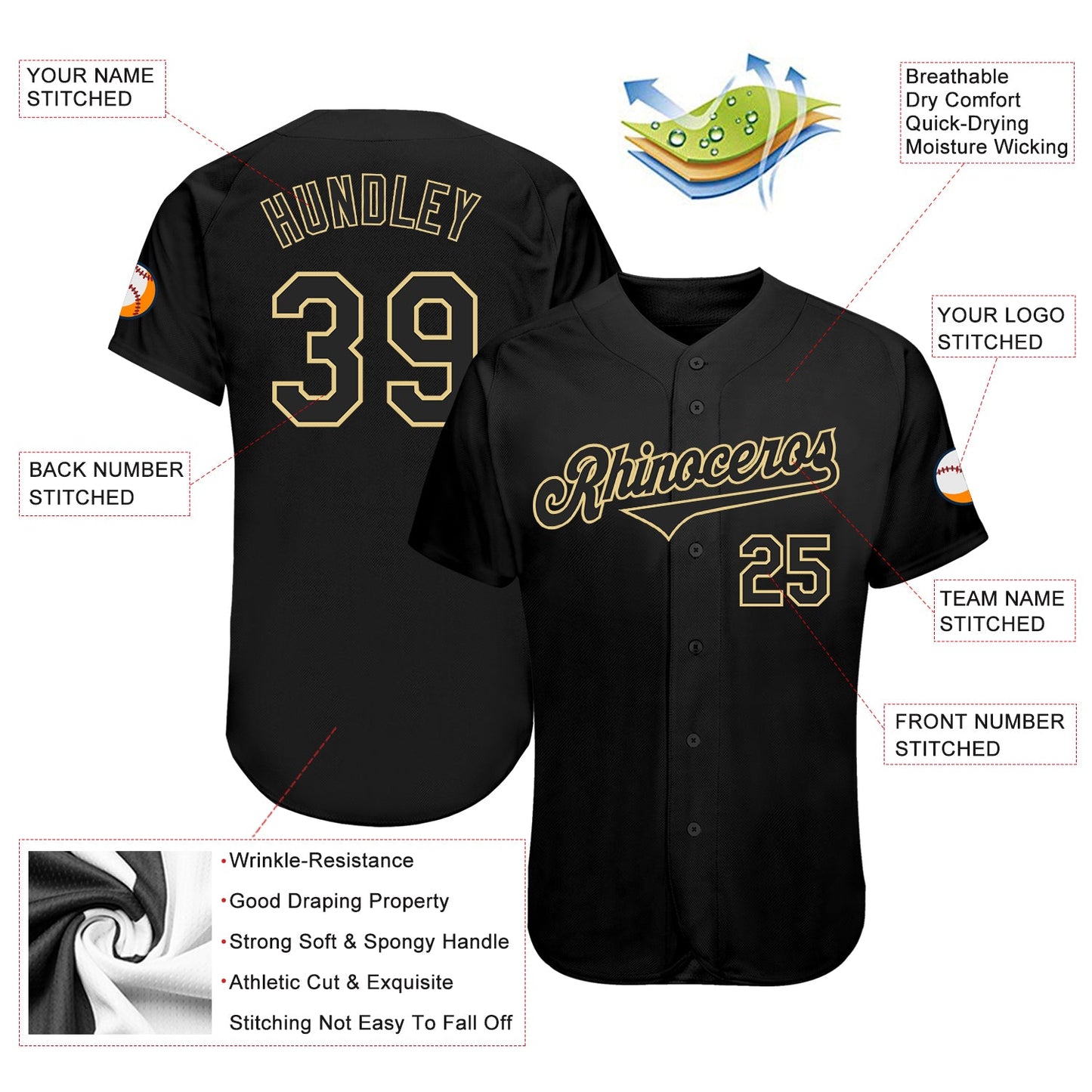 Custom Black Black-Vegas Gold Authentic Baseball Jersey view 3