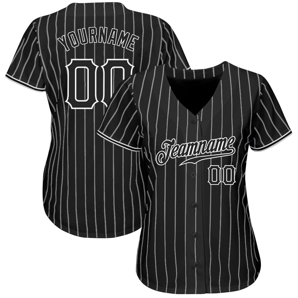 Custom Black White Pinstripe Black-White Authentic Baseball Jersey view 2