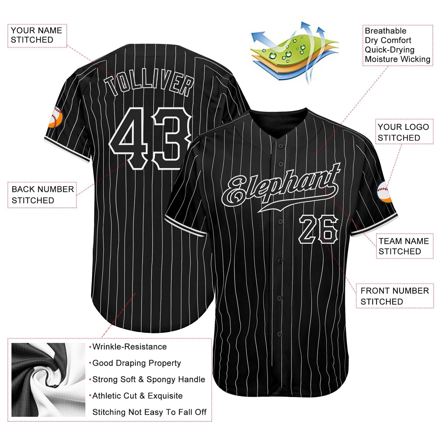 Custom Black White Pinstripe Black-White Authentic Baseball Jersey view 3