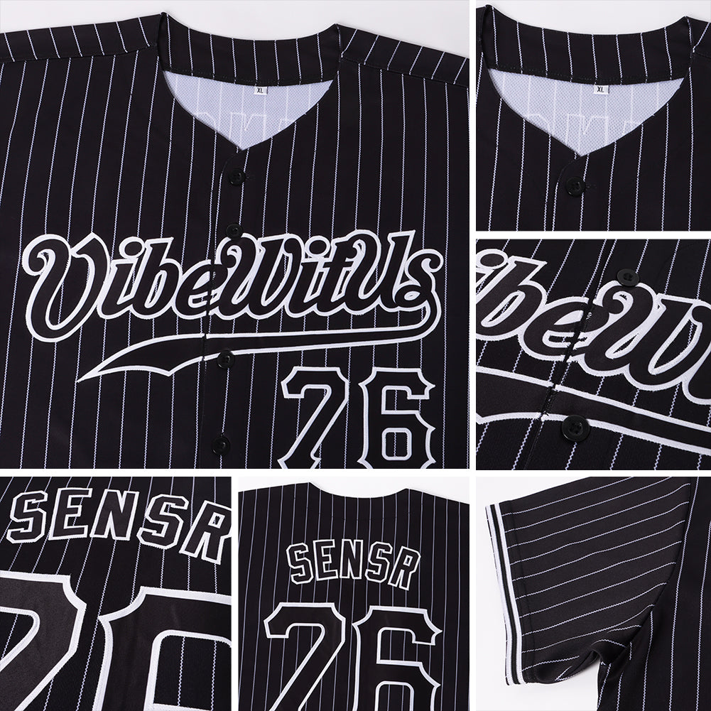 Custom Black White Pinstripe Black-White Authentic Baseball Jersey view 6