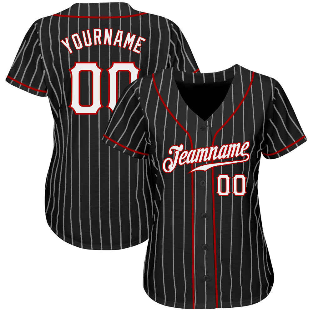 Custom Black White Pinstripe White-Red Authentic Baseball Jersey view 3