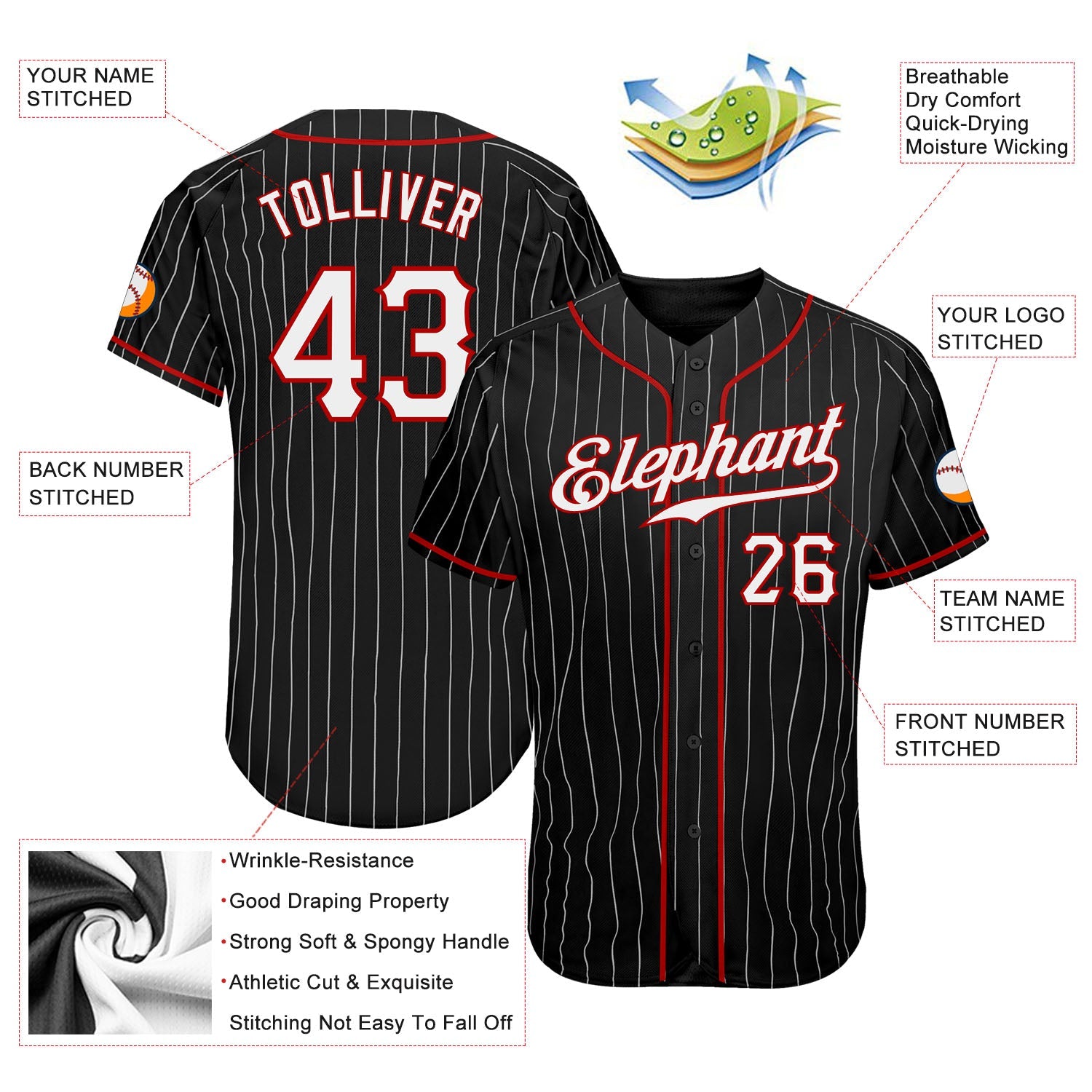 Custom Black White Pinstripe White-Red Authentic Baseball Jersey view 4