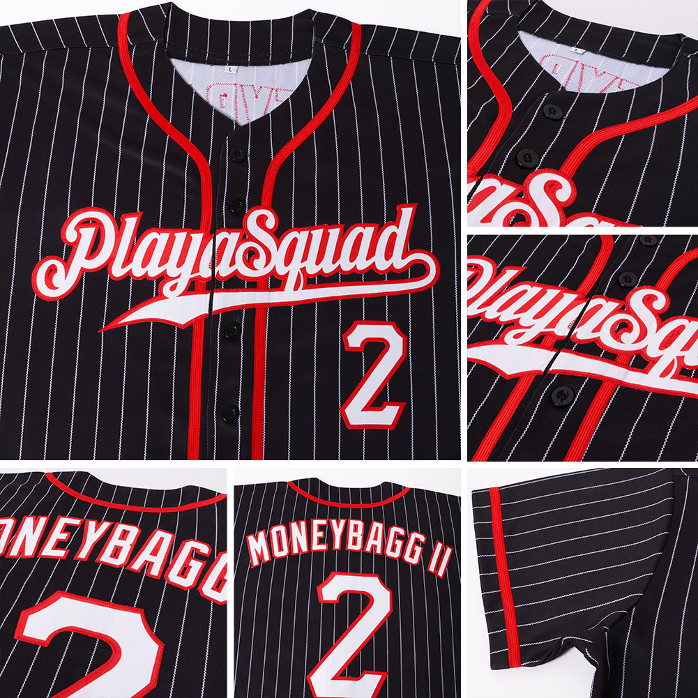 Custom Black White Pinstripe White-Red Authentic Baseball Jersey view 2