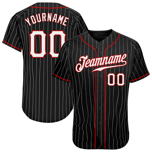 Custom Black White Pinstripe White-Red Authentic Baseball Jersey - Main View
