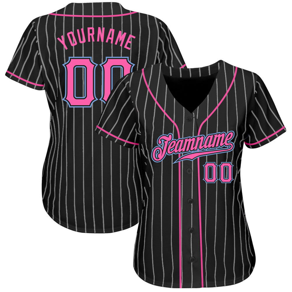 Custom Black White Pinstripe Pink-Light Blue Authentic Baseball Jersey view 3