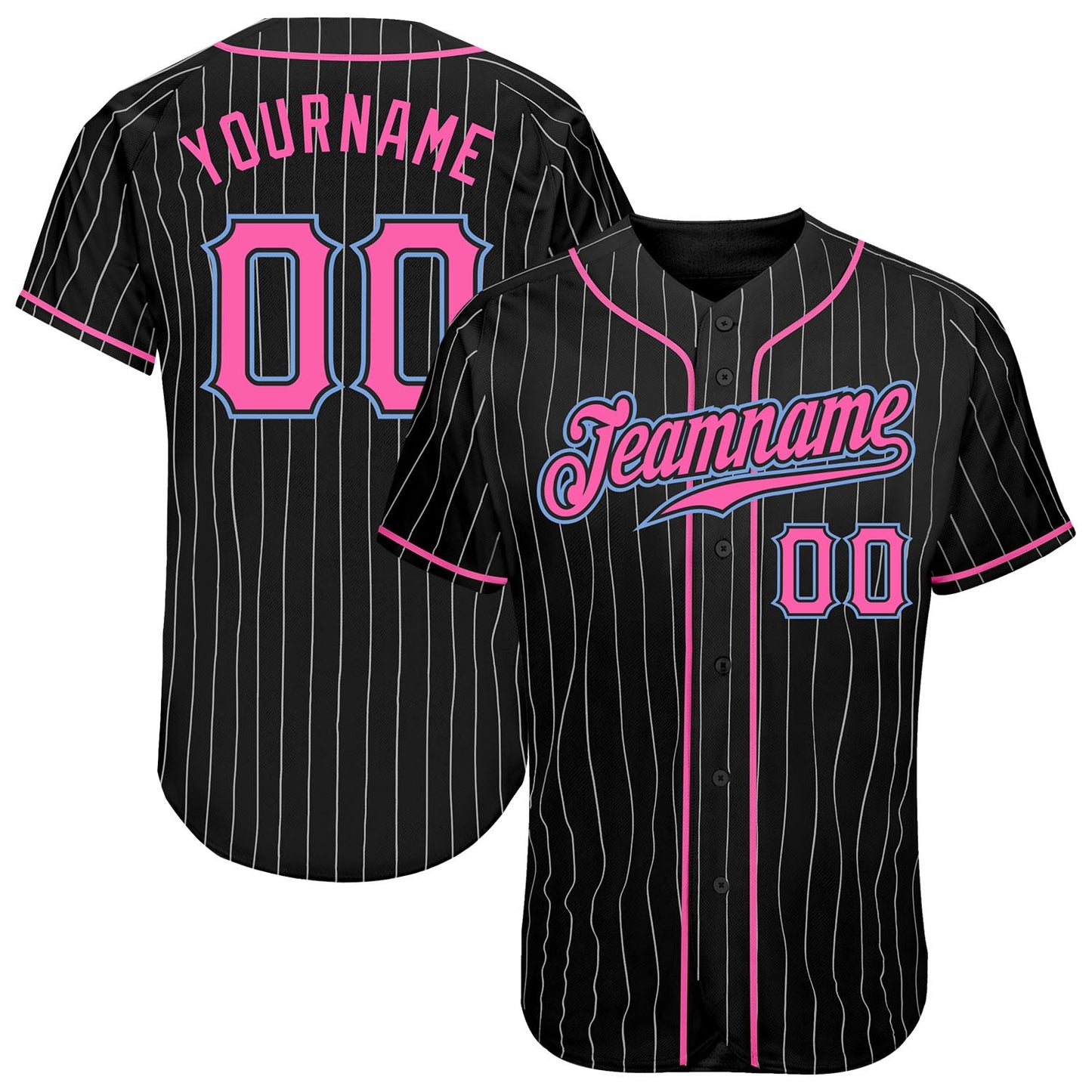 Custom Black White Pinstripe Pink-Light Blue Authentic Baseball Jersey - Main View