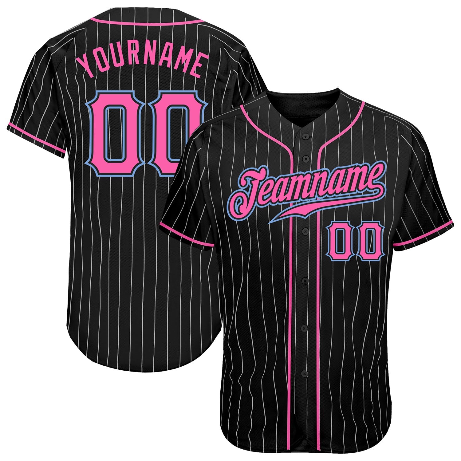 Custom Black White Pinstripe Pink-Light Blue Authentic Baseball Jersey - Main View