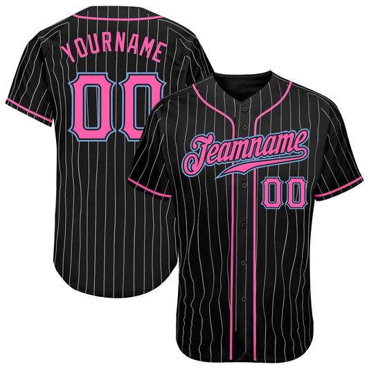 Custom Black White Pinstripe Pink-Light Blue Authentic Baseball Jersey - Main View