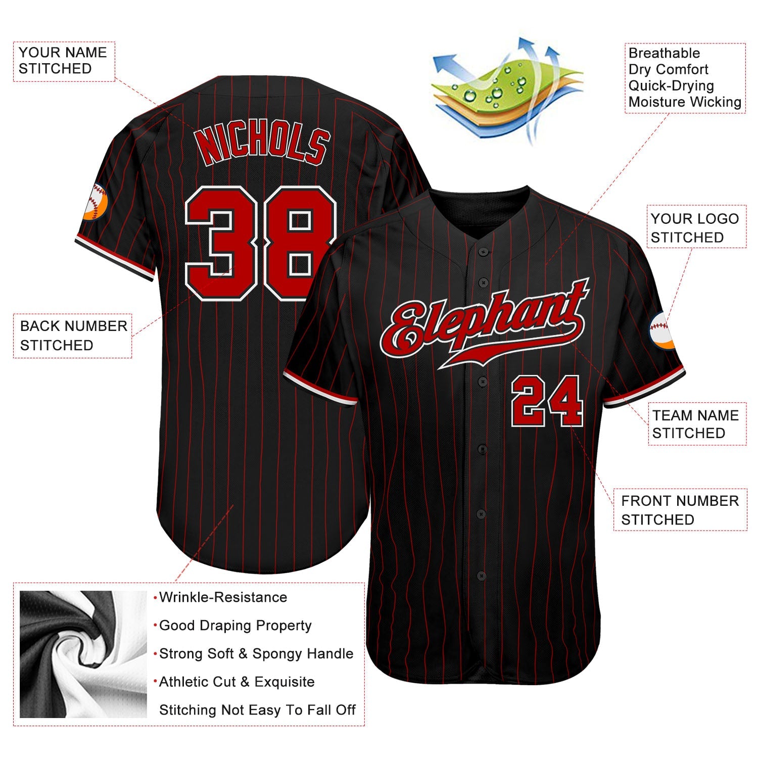 Custom Black Red Pinstripe Red-White Authentic Baseball Jersey view 3