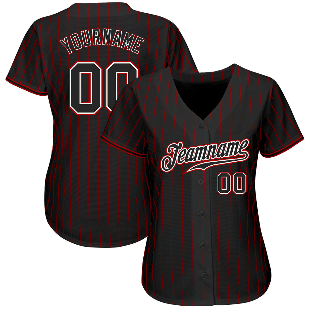 Custom Black Red Pinstripe Black-White Authentic Baseball Jersey view 2