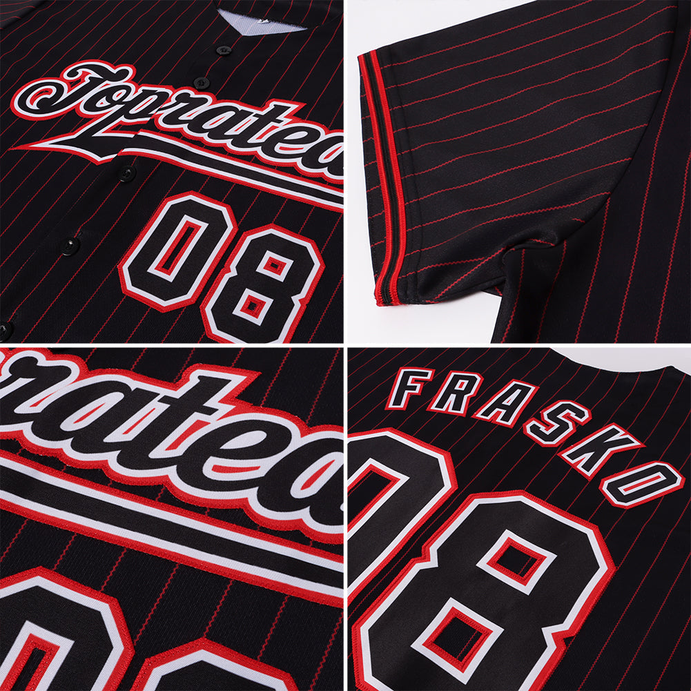 Custom Black Red Pinstripe Black-White Authentic Baseball Jersey view 6