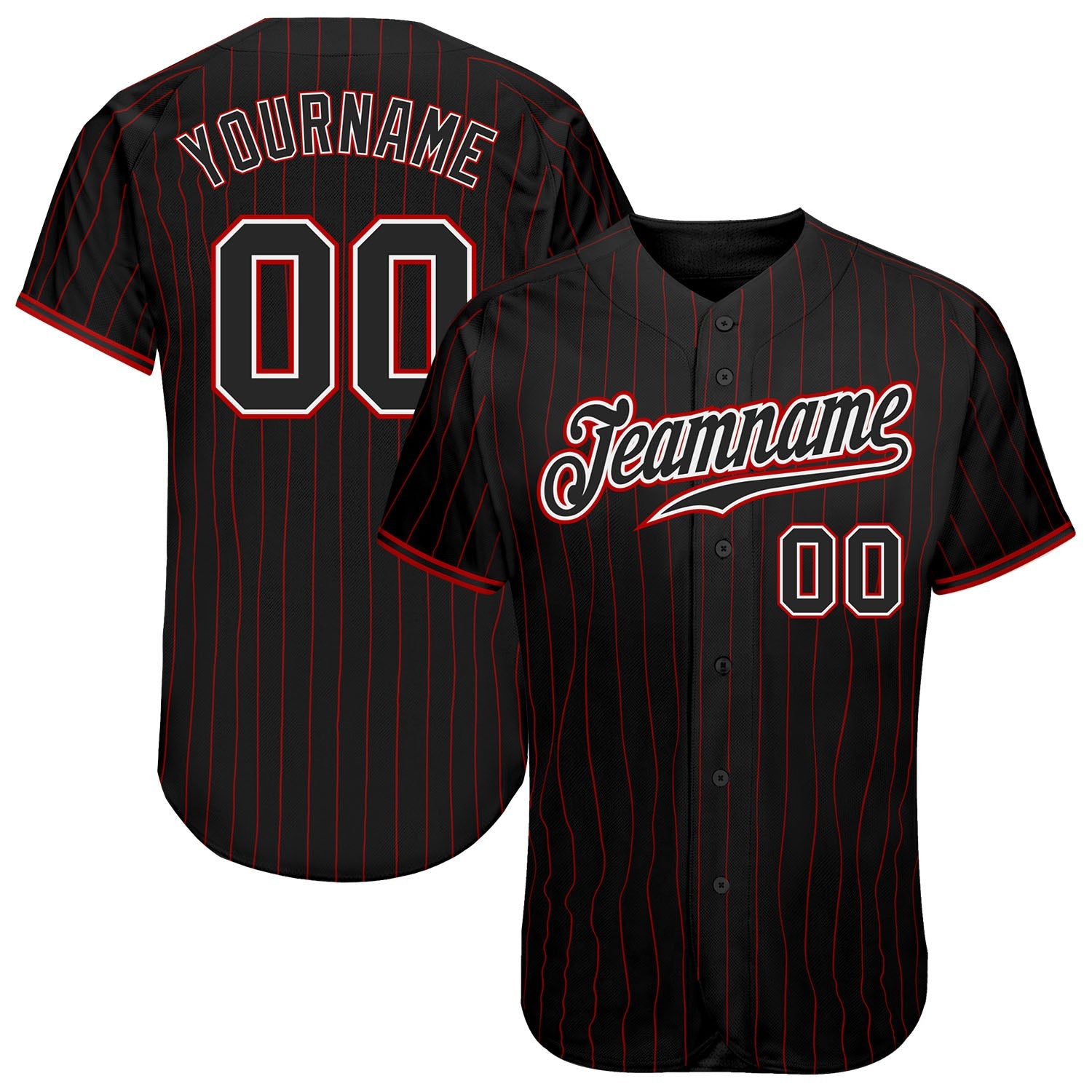 Custom Black Red Pinstripe Black-White Authentic Baseball Jersey - Main View