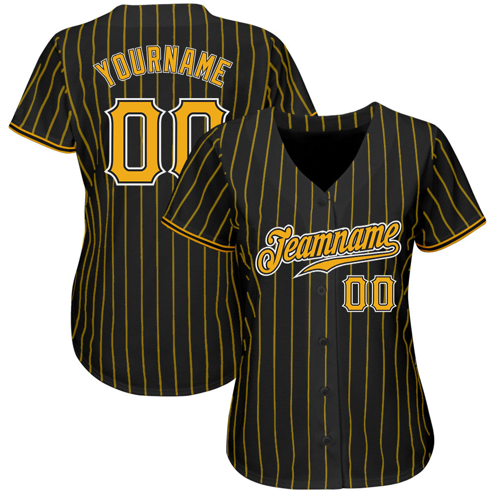 Custom Black Gold Pinstripe Gold-White Authentic Baseball Jersey view 2