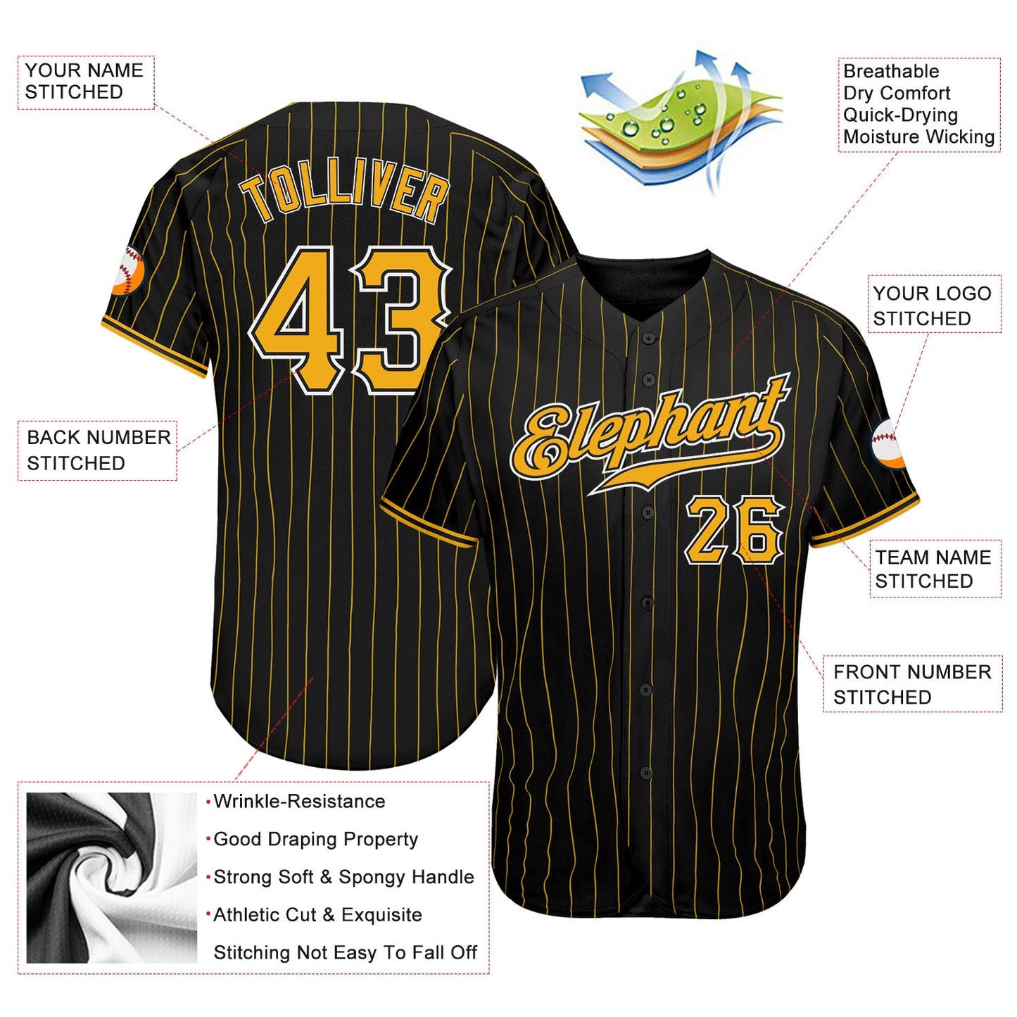 Custom Black Gold Pinstripe Gold-White Authentic Baseball Jersey view 3