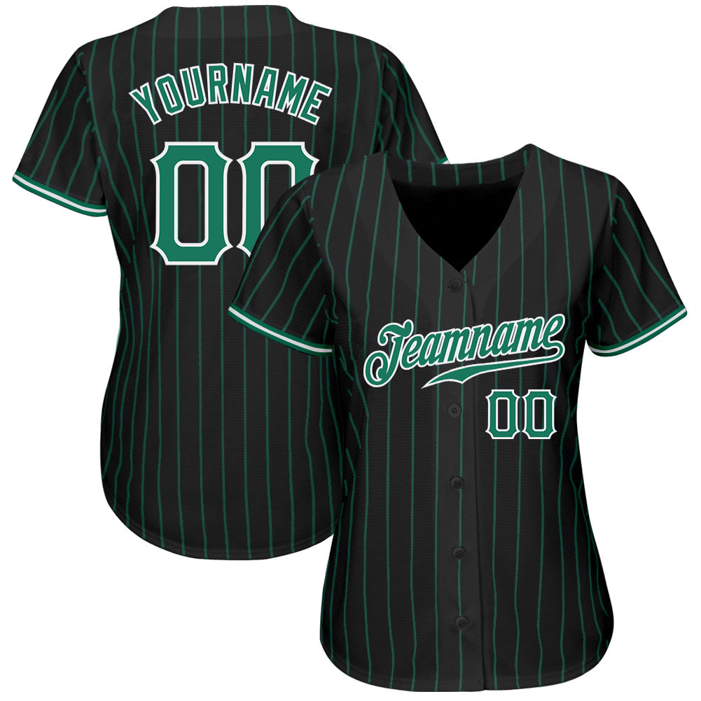 Custom Black Kelly Green Pinstripe Kelly Green-White Authentic Baseball Jersey view 2