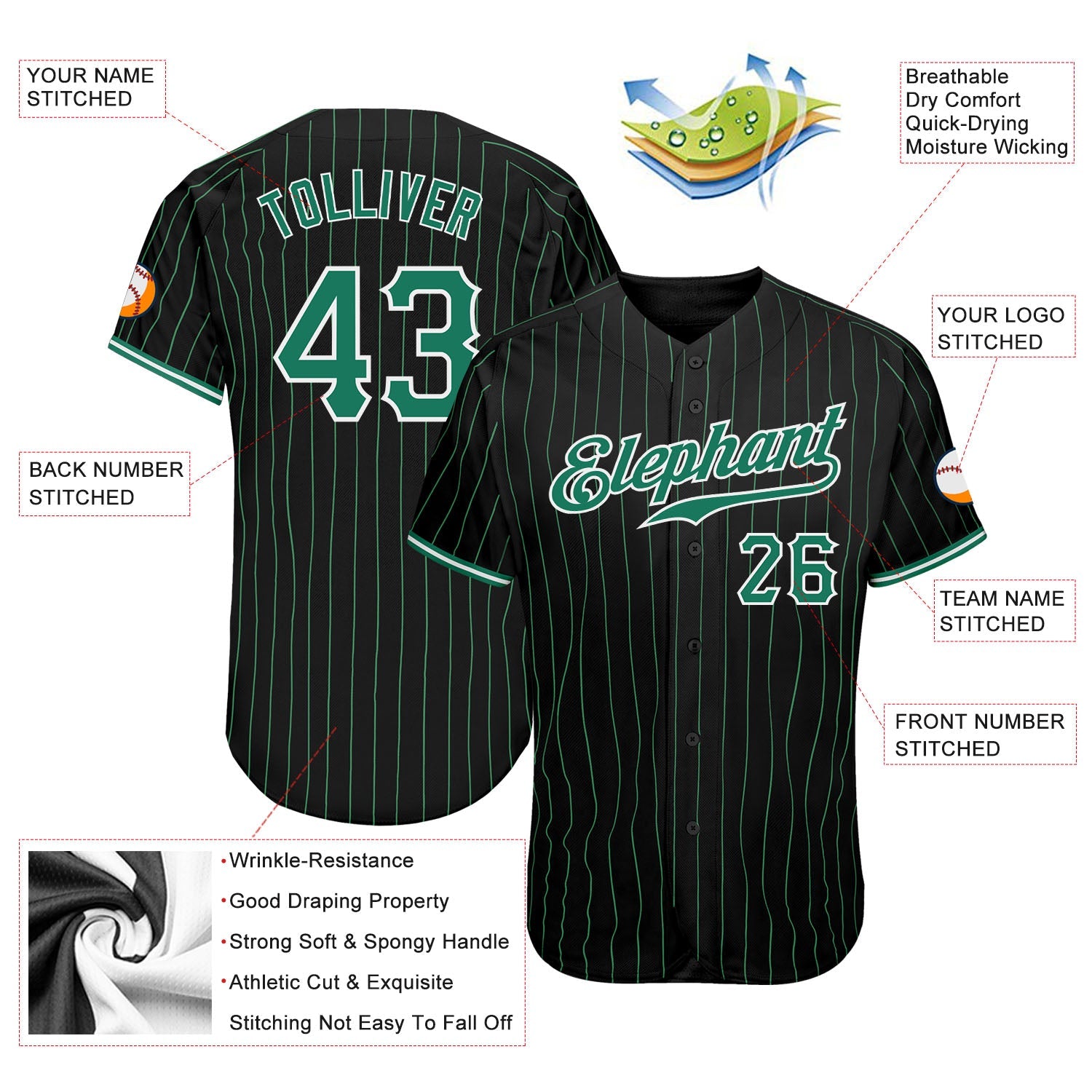 Custom Black Kelly Green Pinstripe Kelly Green-White Authentic Baseball Jersey view 3