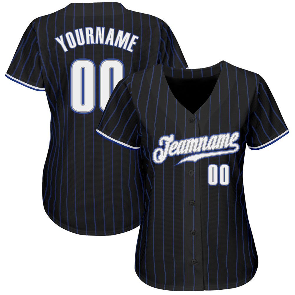 Custom Black Royal Pinstripe White-Gray Authentic Baseball Jersey view 2