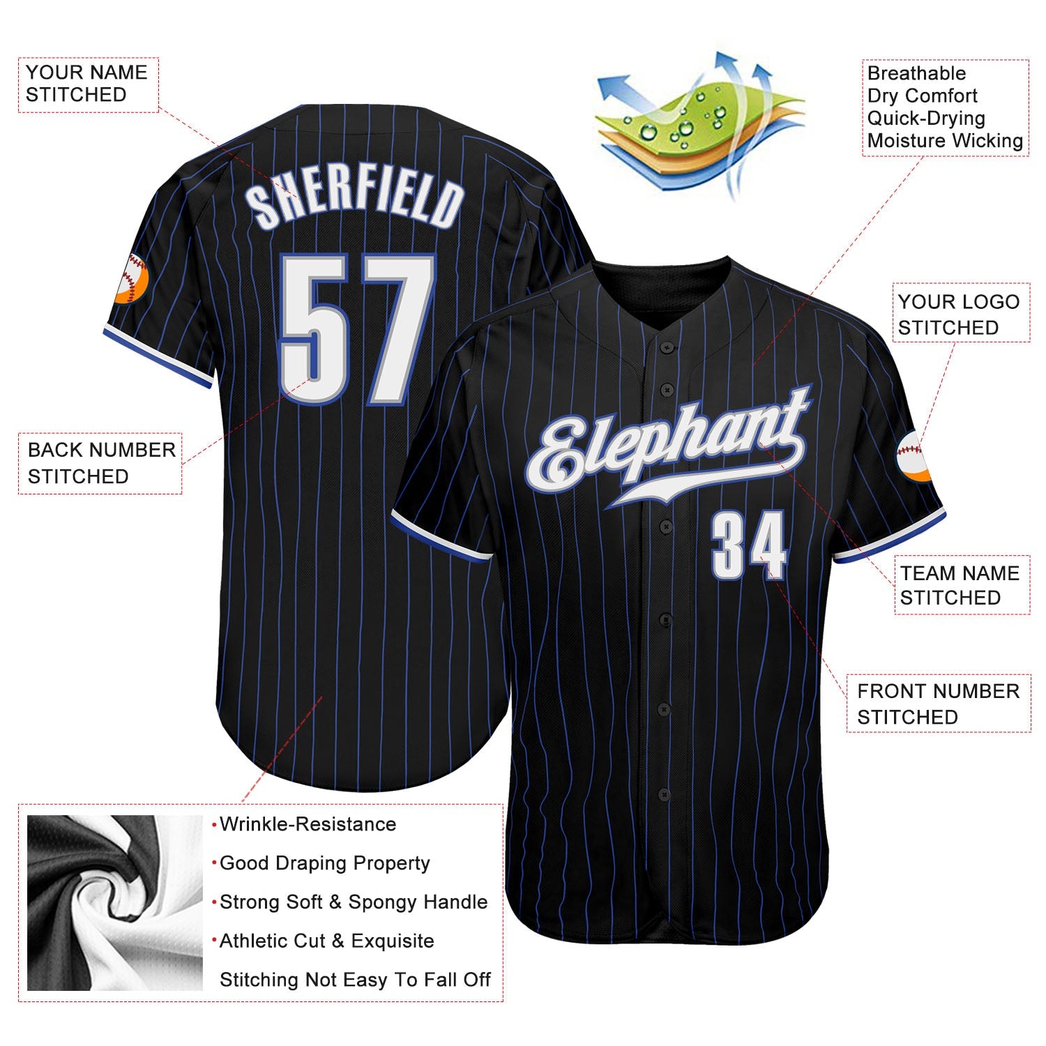 Custom Black Royal Pinstripe White-Gray Authentic Baseball Jersey view 3