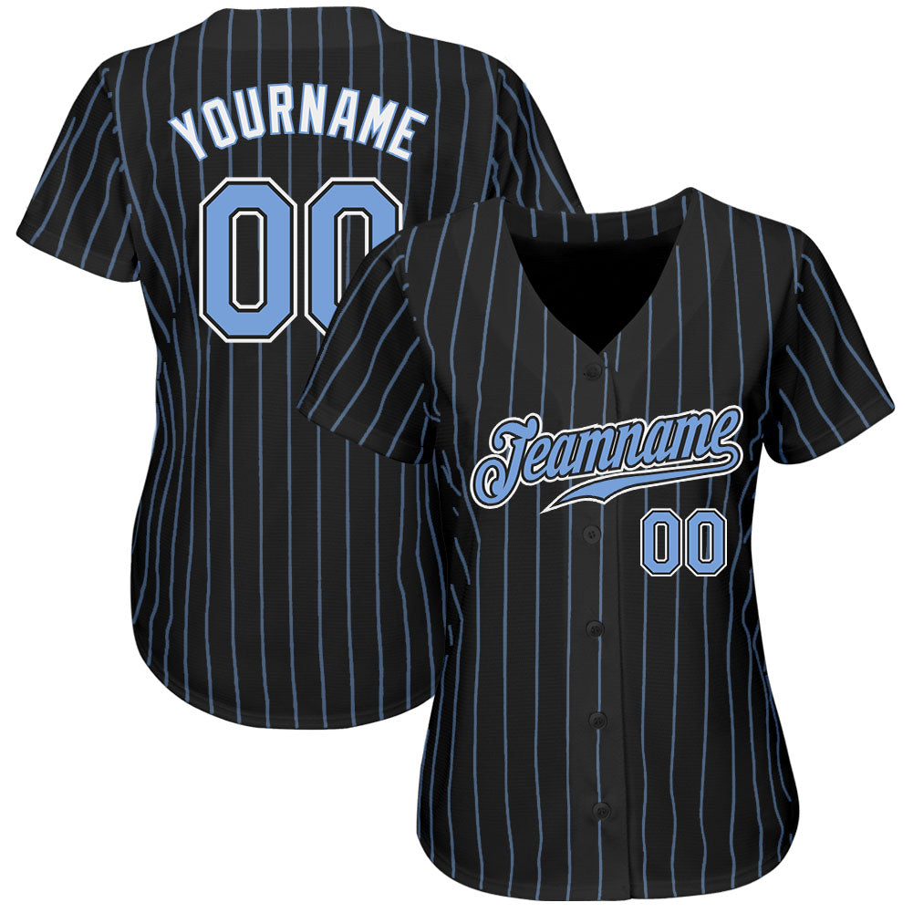 Custom Black Light Blue Pinstripe Light Blue-White Authentic Baseball Jersey view 2