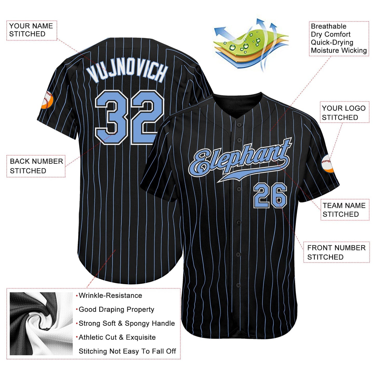 Custom Black Light Blue Pinstripe Light Blue-White Authentic Baseball Jersey view 3