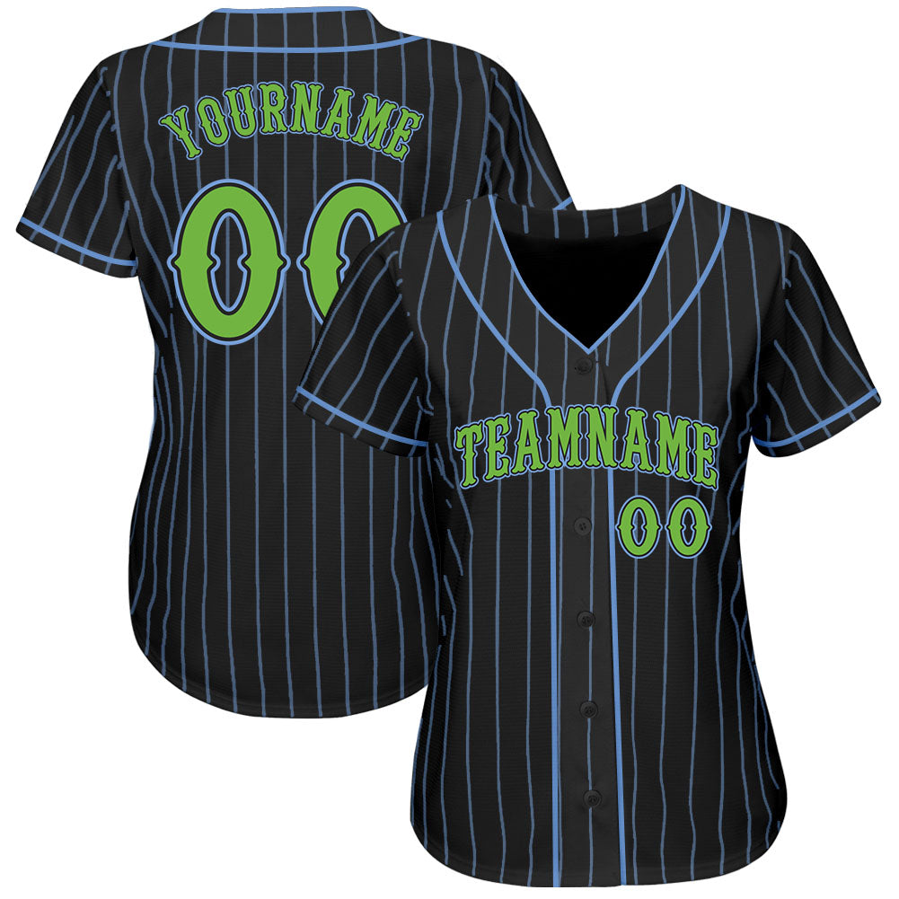 Custom Black Light Blue Pinstripe Neon Green Authentic Baseball Jersey view 2