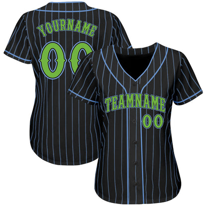 Custom Black Light Blue Pinstripe Neon Green Authentic Baseball Jersey view 2