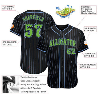 Custom Black Light Blue Pinstripe Neon Green Authentic Baseball Jersey view 3