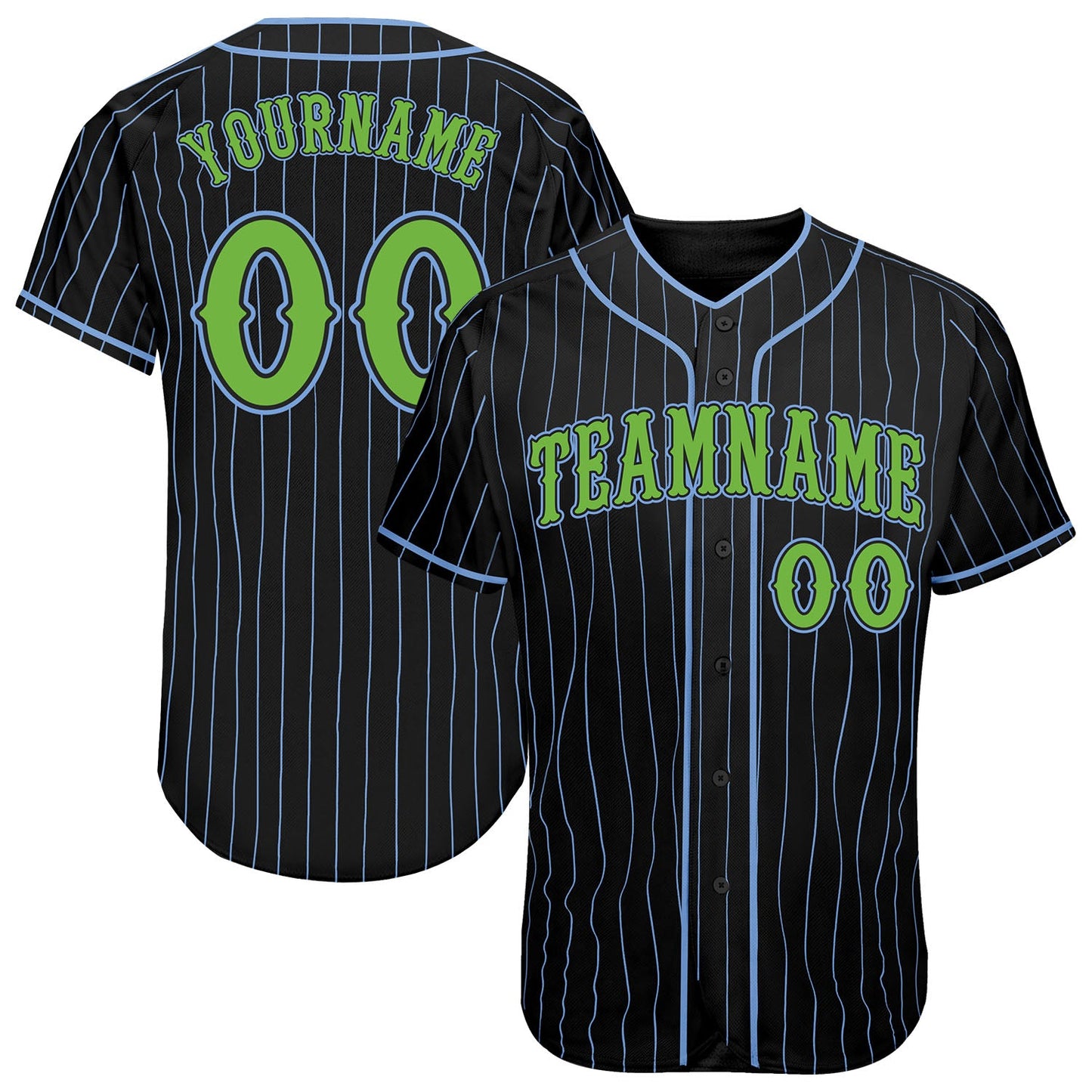 Custom Black Light Blue Pinstripe Neon Green Authentic Baseball Jersey - Main View