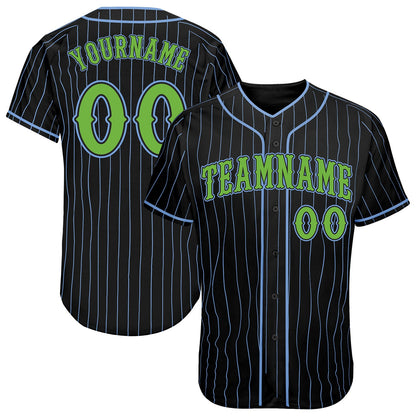 Custom Black Light Blue Pinstripe Neon Green Authentic Baseball Jersey - Main View