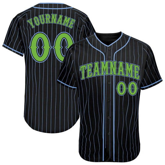Custom Black Light Blue Pinstripe Neon Green Authentic Baseball Jersey - Main View