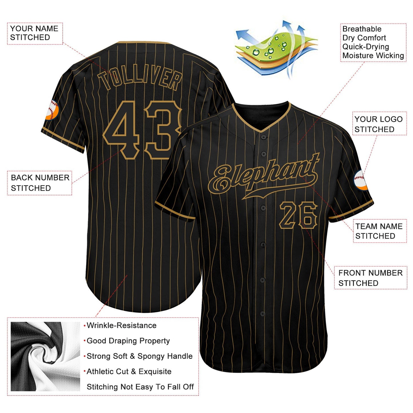 Custom Black Old Gold Pinstripe Black Authentic Baseball Jersey view 3