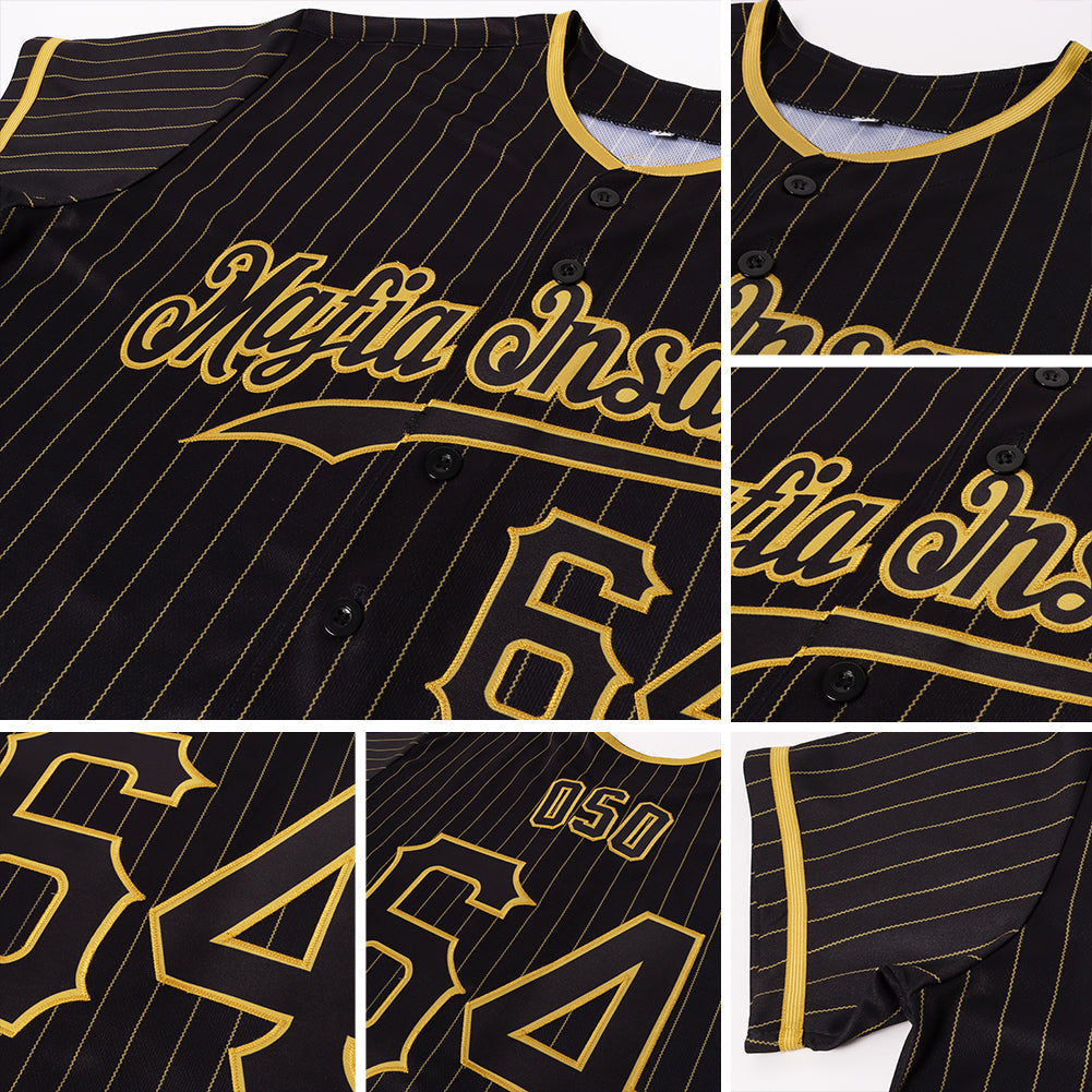 Custom Black Old Gold Pinstripe Black Authentic Baseball Jersey view 6