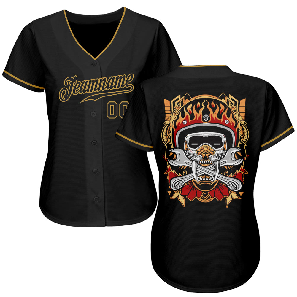 Custom Black Black-Old Gold Authentic Skull Fashion Baseball Jersey view 2