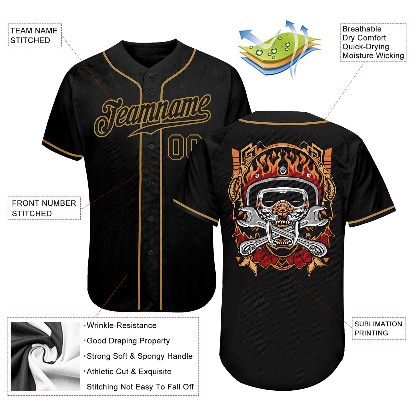 Custom Black Black-Old Gold Authentic Skull Fashion Baseball Jersey view 3