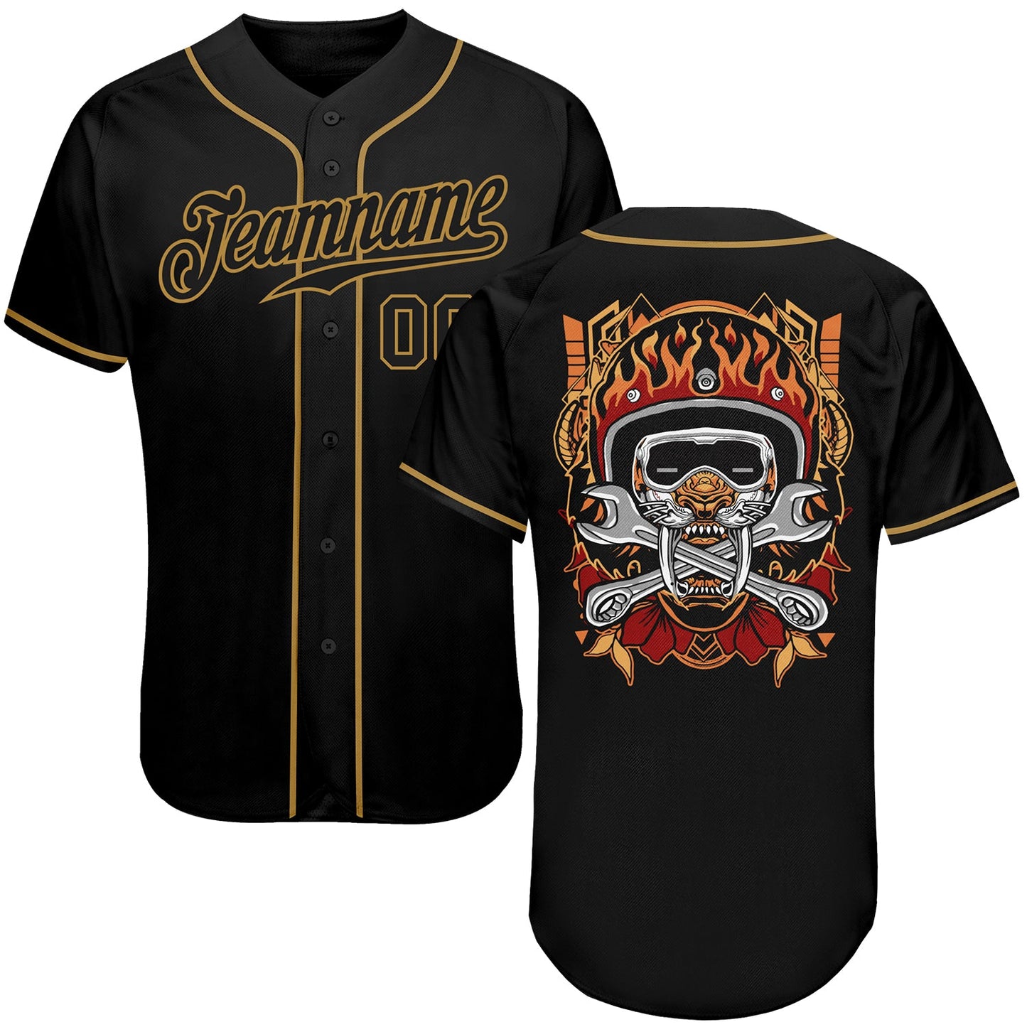 Custom Black Black-Old Gold Authentic Skull Fashion Baseball Jersey - Main View