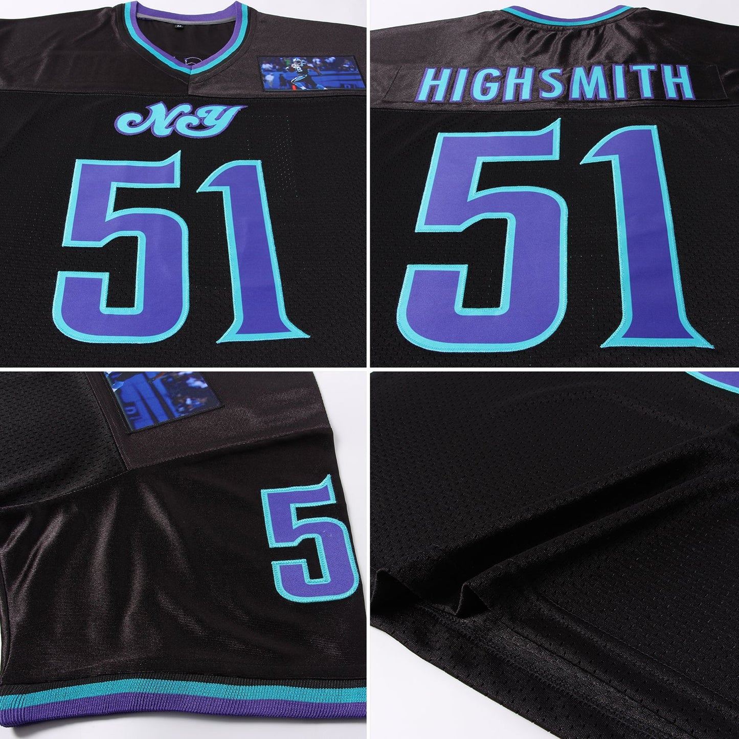 Custom Black Purple-Aqua Mesh Authentic Throwback Football Jersey view 7