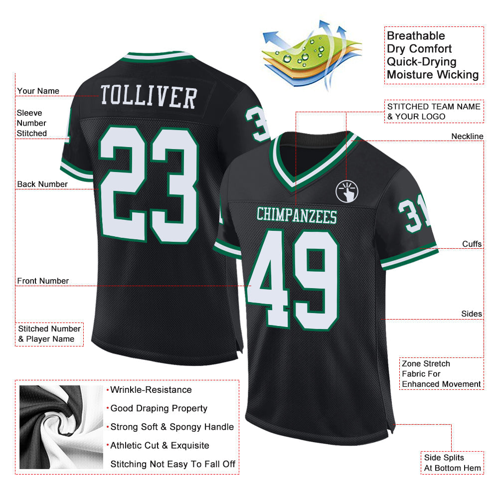 Custom Black White-Kelly Green Mesh Authentic Throwback Football Jersey view 2