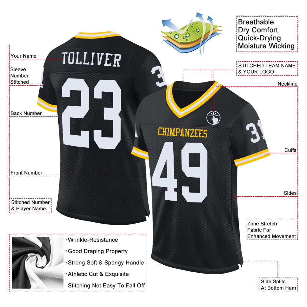 Custom Black White-Gold Mesh Authentic Throwback Football Jersey view 2