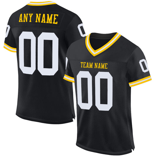 Custom Black White-Gold Mesh Authentic Throwback Football Jersey - Main View