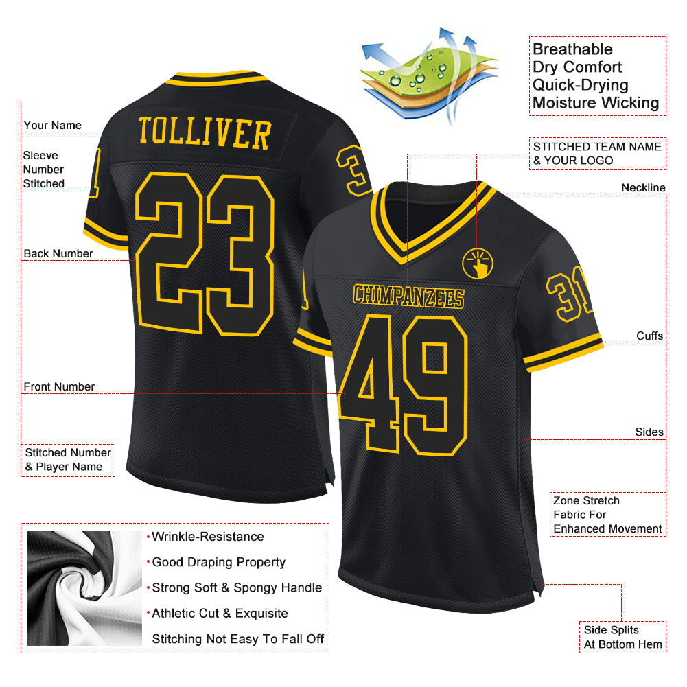 Custom Black Black-Gold Mesh Authentic Throwback Football Jersey view 2