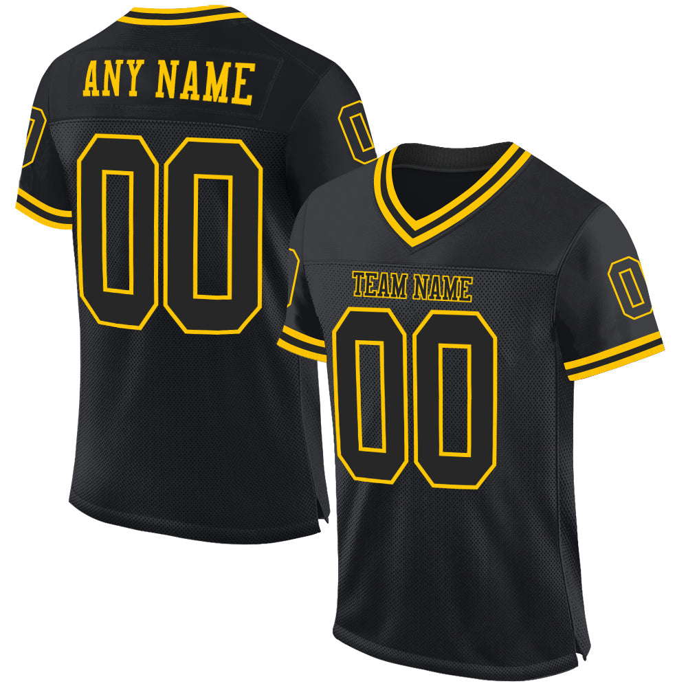 Custom Black Black-Gold Mesh Authentic Throwback Football Jersey - Main View