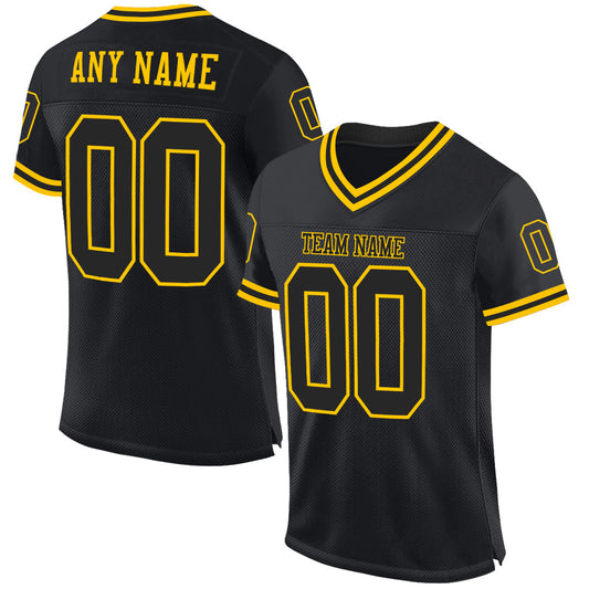 Custom Black Black-Gold Mesh Authentic Throwback Football Jersey - Main View